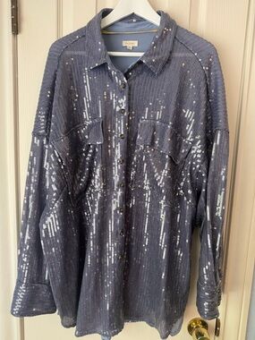 Pilcro Blue Sequin Casual Button-Down Shirt